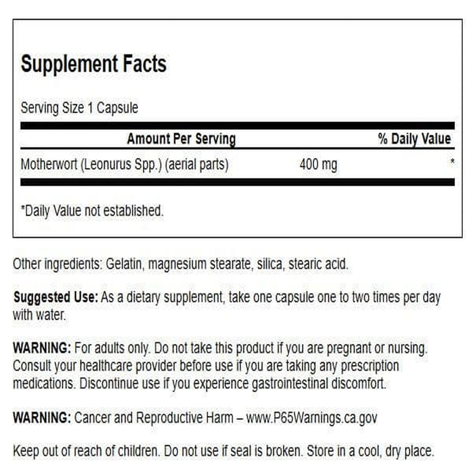 Swanson Motherwort capsules close-up highlighting daily endocrine support.