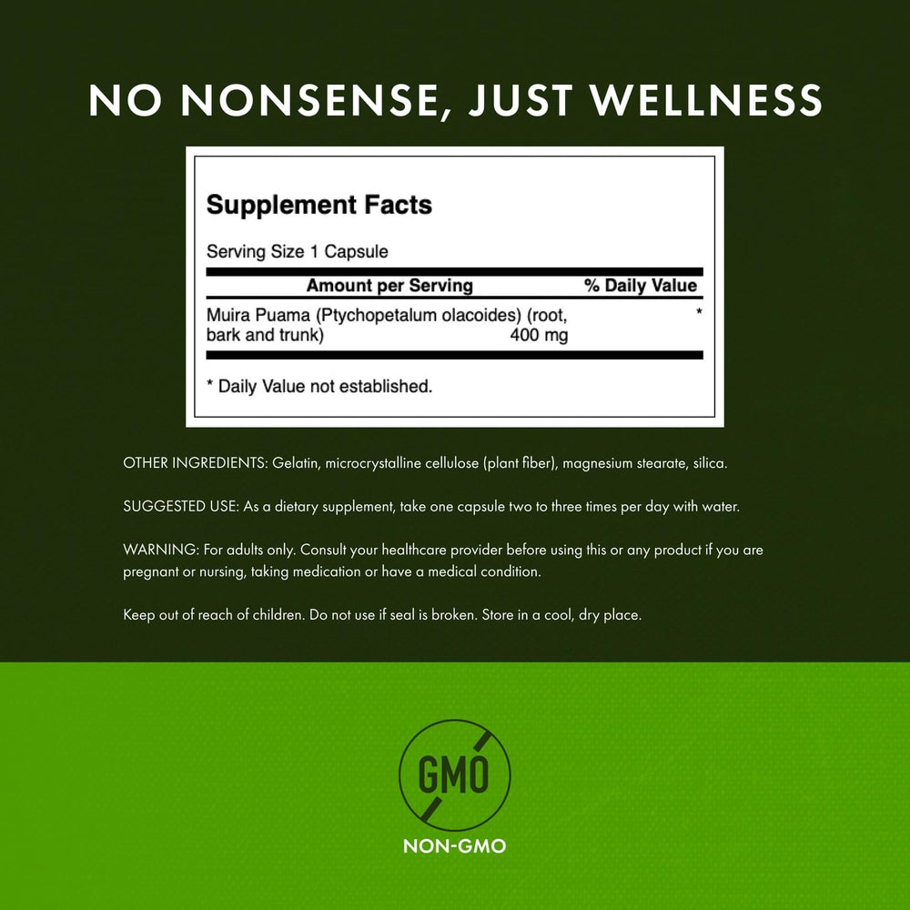 Detailed label of Swanson Muira Puama Root showing key ingredients.