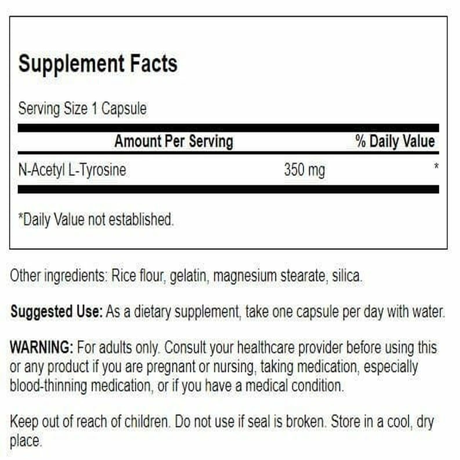 Swanson N-Acetyl L-Tyrosine bottle front highlighting convenient daily supplement.