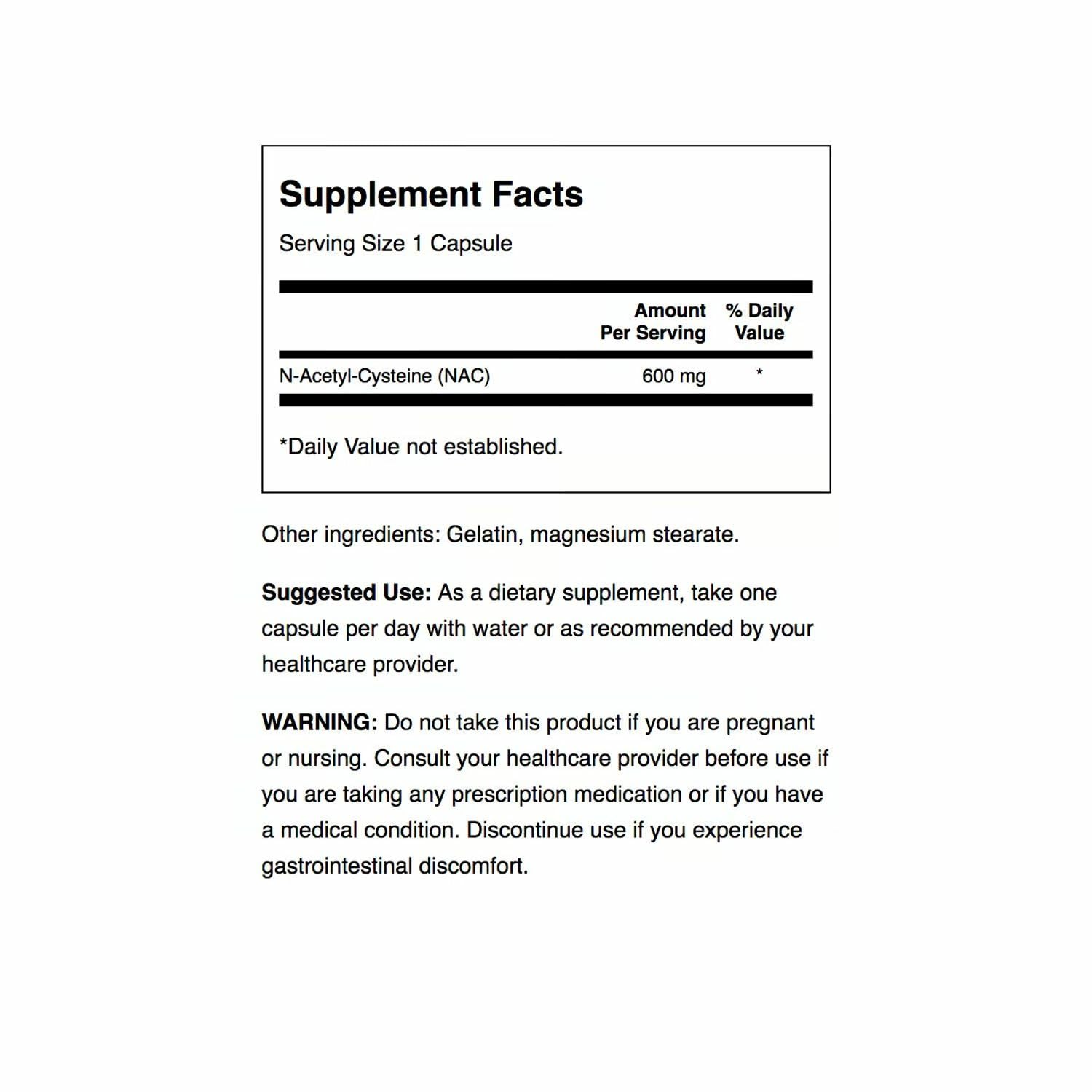 Swanson NAC 600 mg bottle label close-up with dosage and branding.