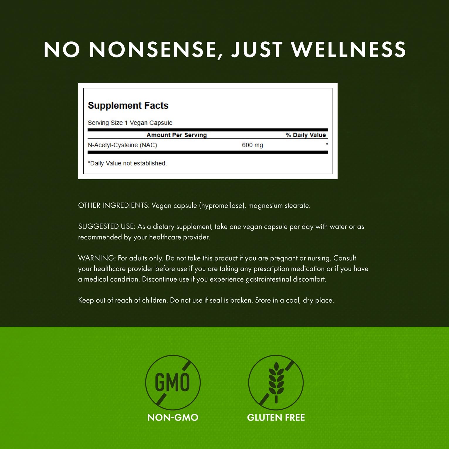 Swanson NAC bottle label emphasizing GMP standards and third party testing