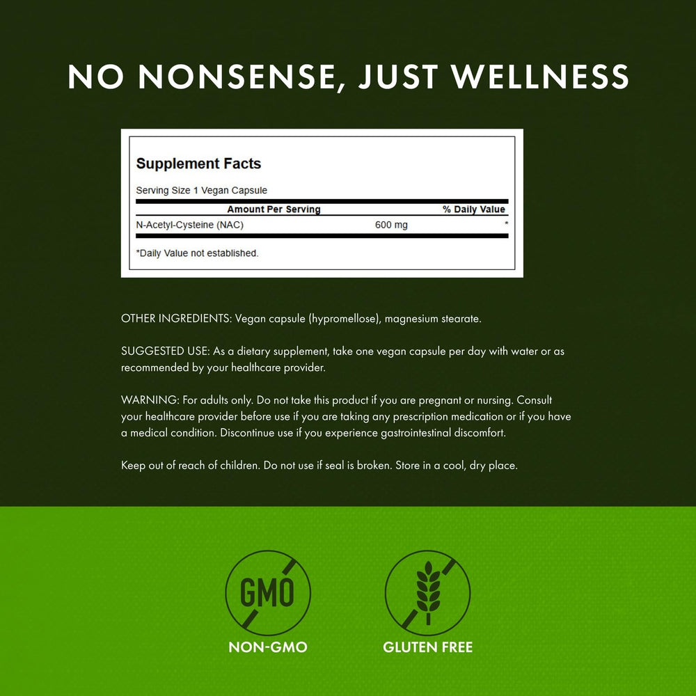 Swanson NAC bottle label emphasizing GMP standards and third party testing