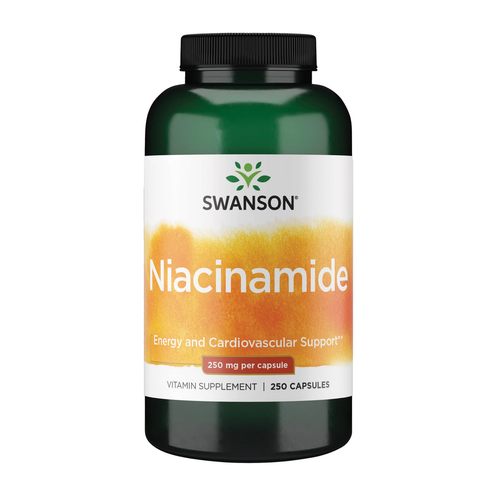 Swanson Niacinamide bottle with capsules showing daily energy support