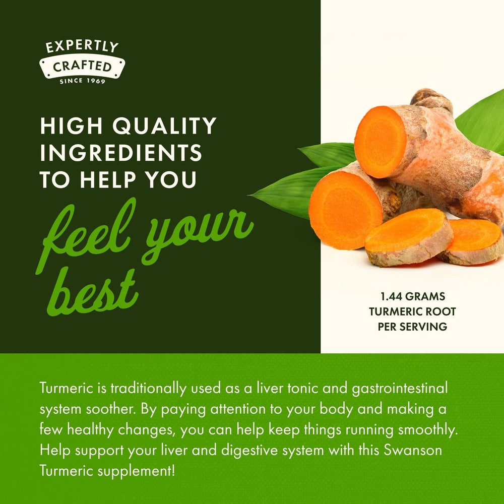 Swanson Non-GMO gluten-free turmeric bottle communicates clean daily use
