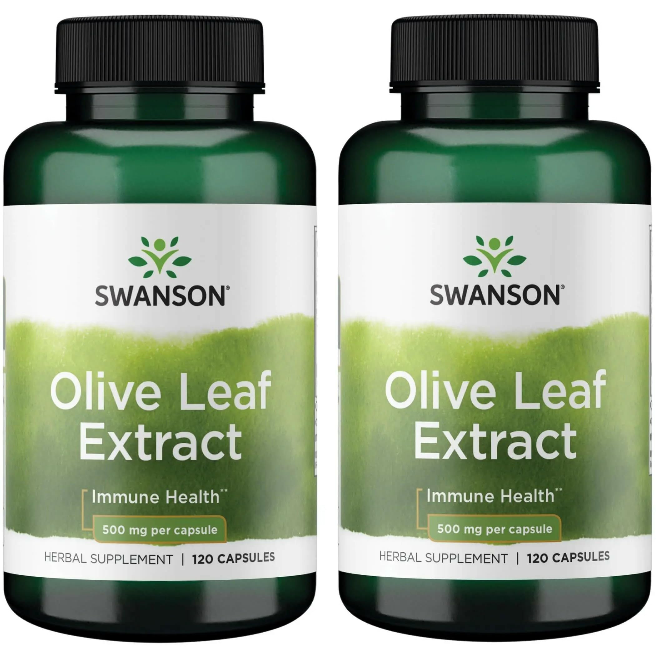 Swanson Olive Leaf Extract bottle front with 500 mg capsules for immune support.