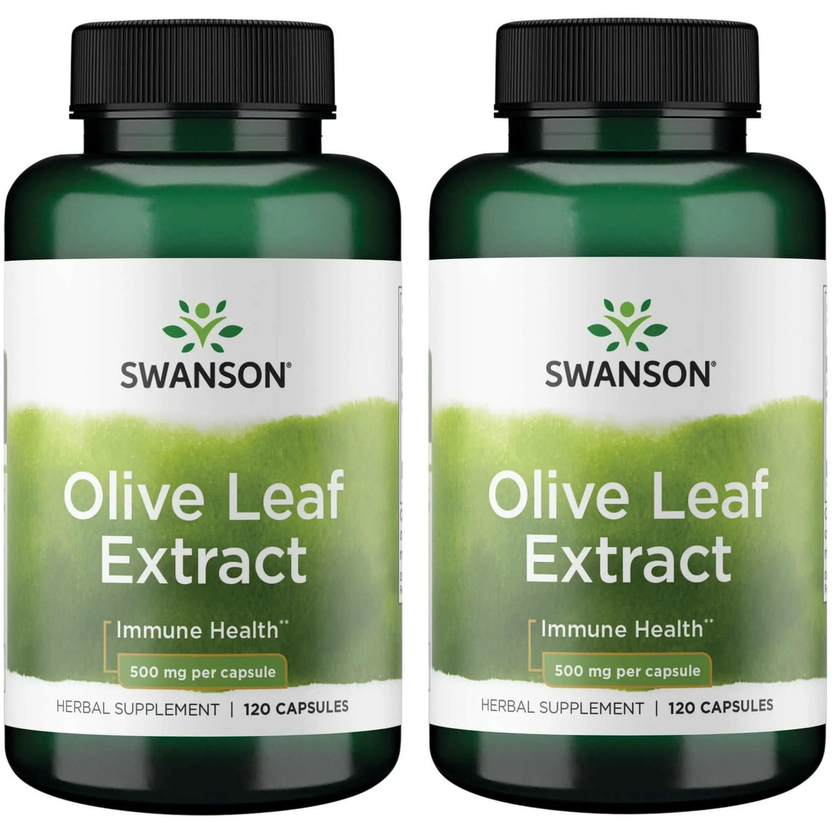 Swanson Olive Leaf Extract bottle front with 500 mg capsules for immune support.