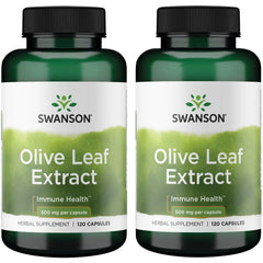 Swanson Olive Leaf Extract bottle front with 500 mg capsules for immune support.