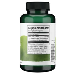 Close-up of Swanson Olive Leaf Extract capsules highlighting 20% oleuropein potency.