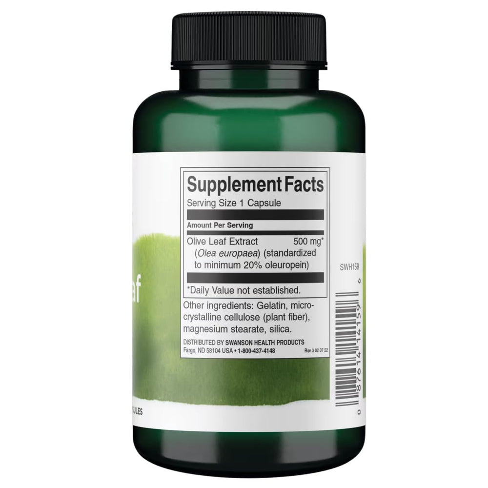 Swanson Olive Leaf Extract label detailing oleuropein content.