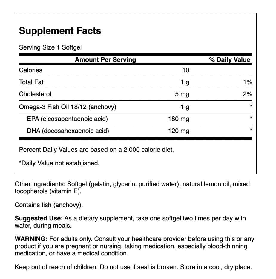 Close up of Swanson Omega-3 label highlighting EPA and DHA content.