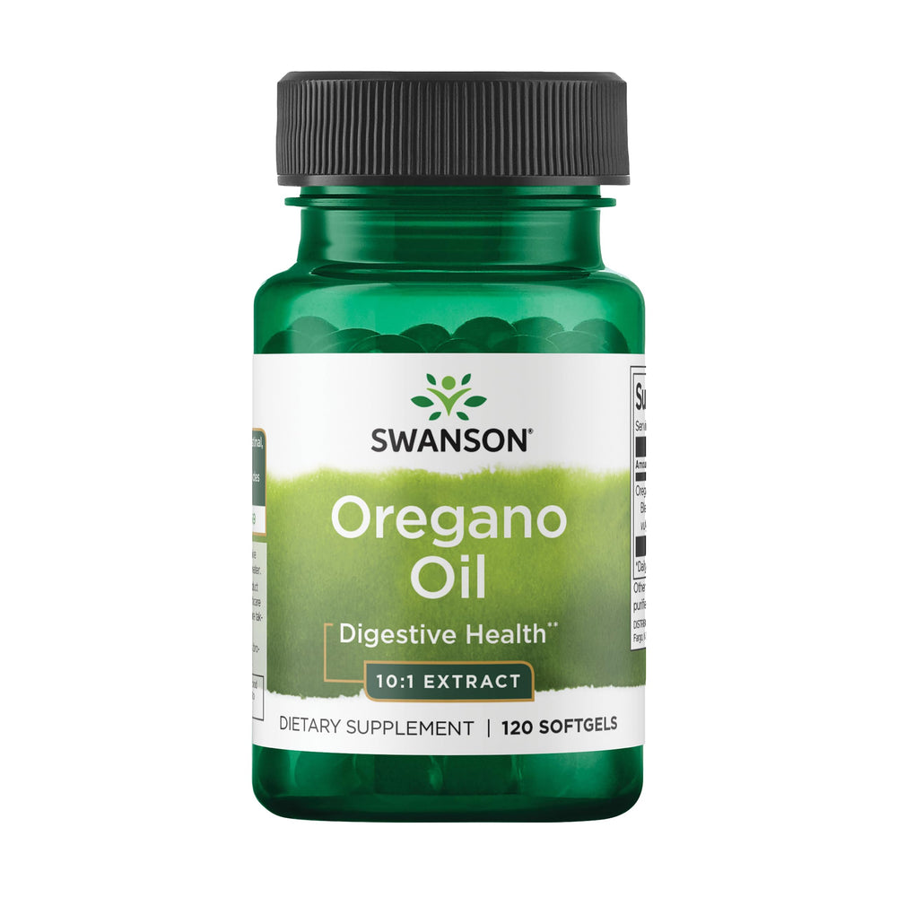 Swanson oregano oil 10:1 extract bottle highlights natural digestive support.