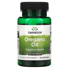 Swanson Oregano Oil softgels poured into a glass on a countertop