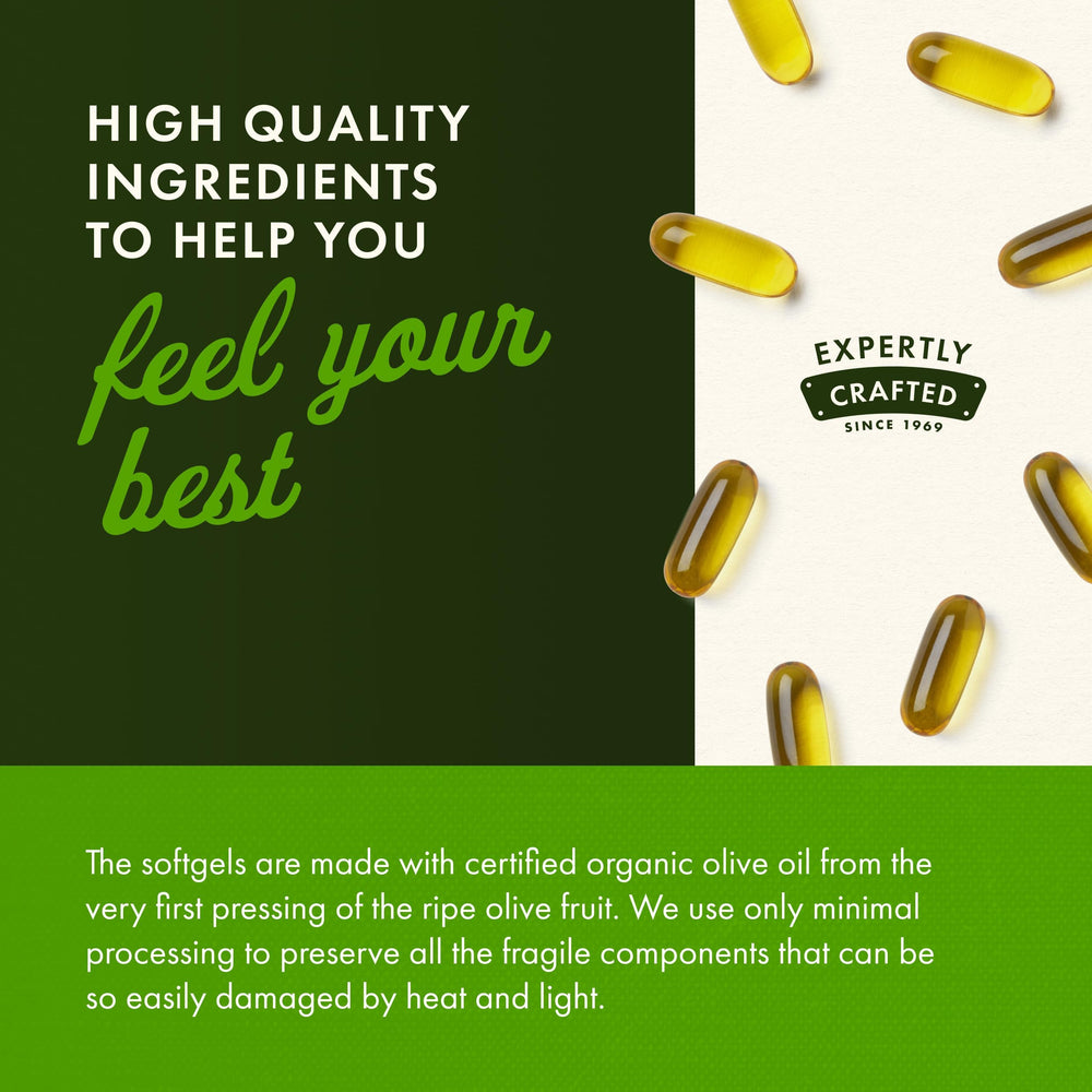 Organic olive oil softgel packets illustrating convenient daily supplementation