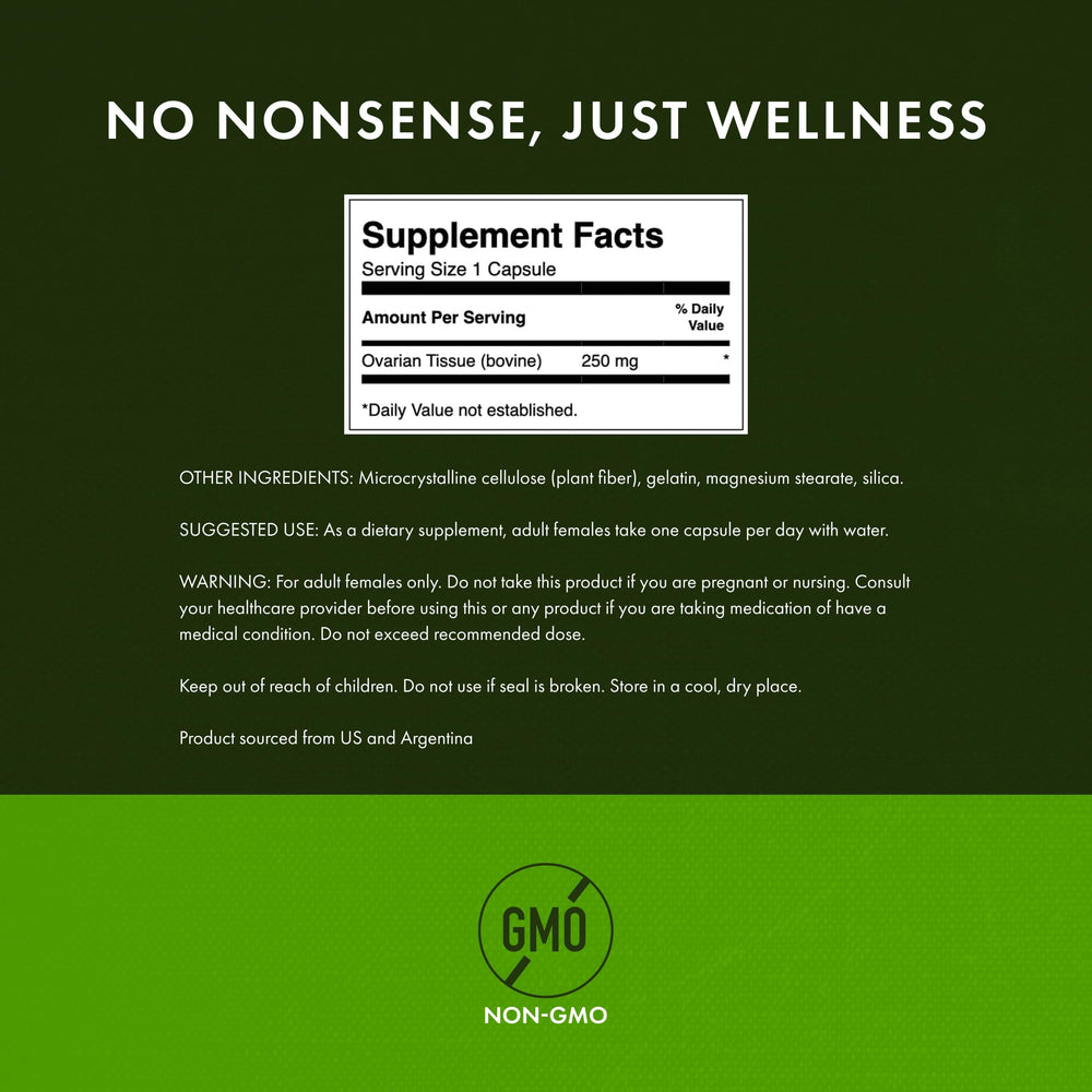 Swanson Ovarian Glandular capsules closeup highlights quality ingredients
