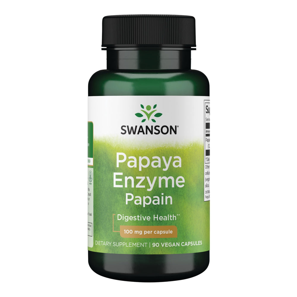 Swanson Papain Papaya Enzyme bottle, a vegetarian digestive aid for meals.