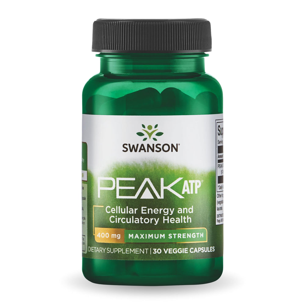 Swanson Peak ATP bottle cap emphasizes freshness and serving size for energy support
