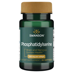 Swanson Phosphatidylserine 100 mg bottle-front highlights brain support in a plant-based formula.
