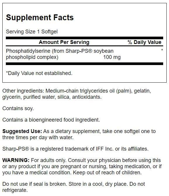 Swanson Phosphatidylserine 100 mg bottle-label shows full-spectrum ingredients and clean processing.