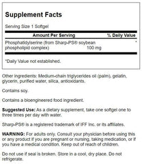Swanson Phosphatidylserine 100 mg bottle-label shows full-spectrum ingredients and clean processing.