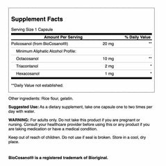 Swanson Policosanol bottle back label shows ingredients and dosage guidance for balance