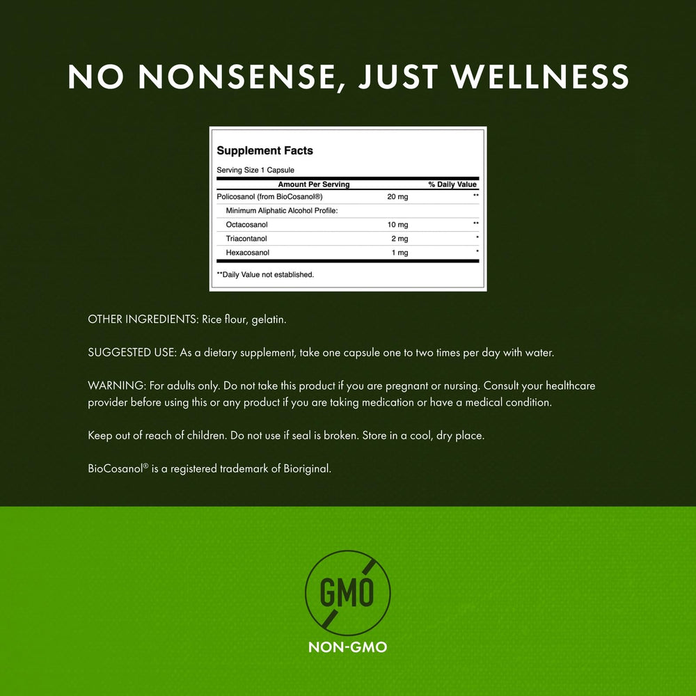 Swanson Policosanol capsules closeup highlighting veggie capsule form