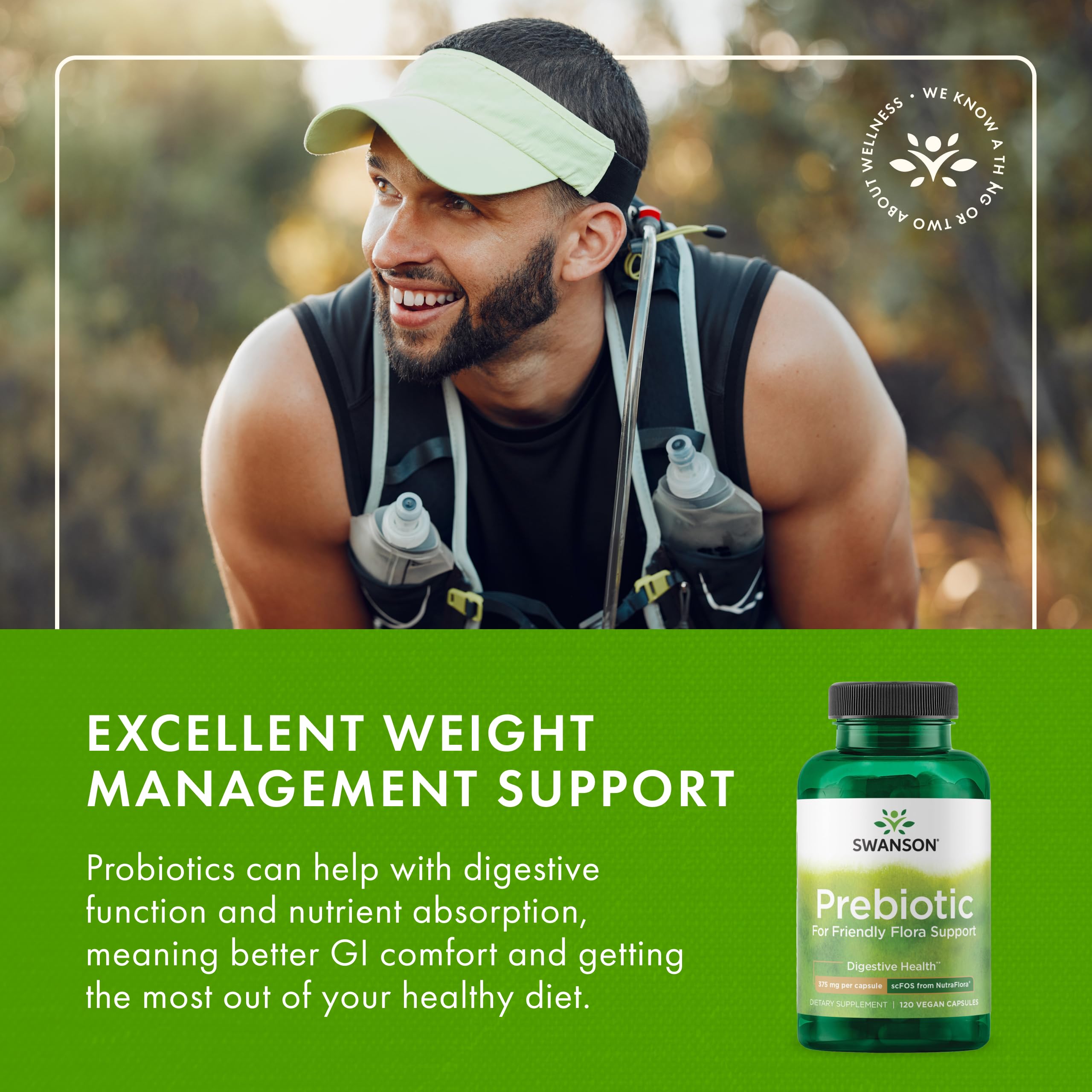Close look at Swanson Prebiotic Capsules packaging for digestion-focused use