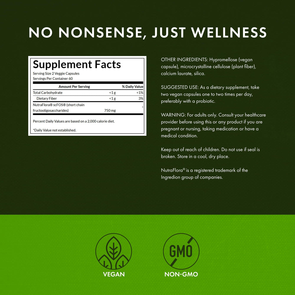 Label view of Swanson Prebiotic Capsules featuring NutraFlora prebiotic fiber
