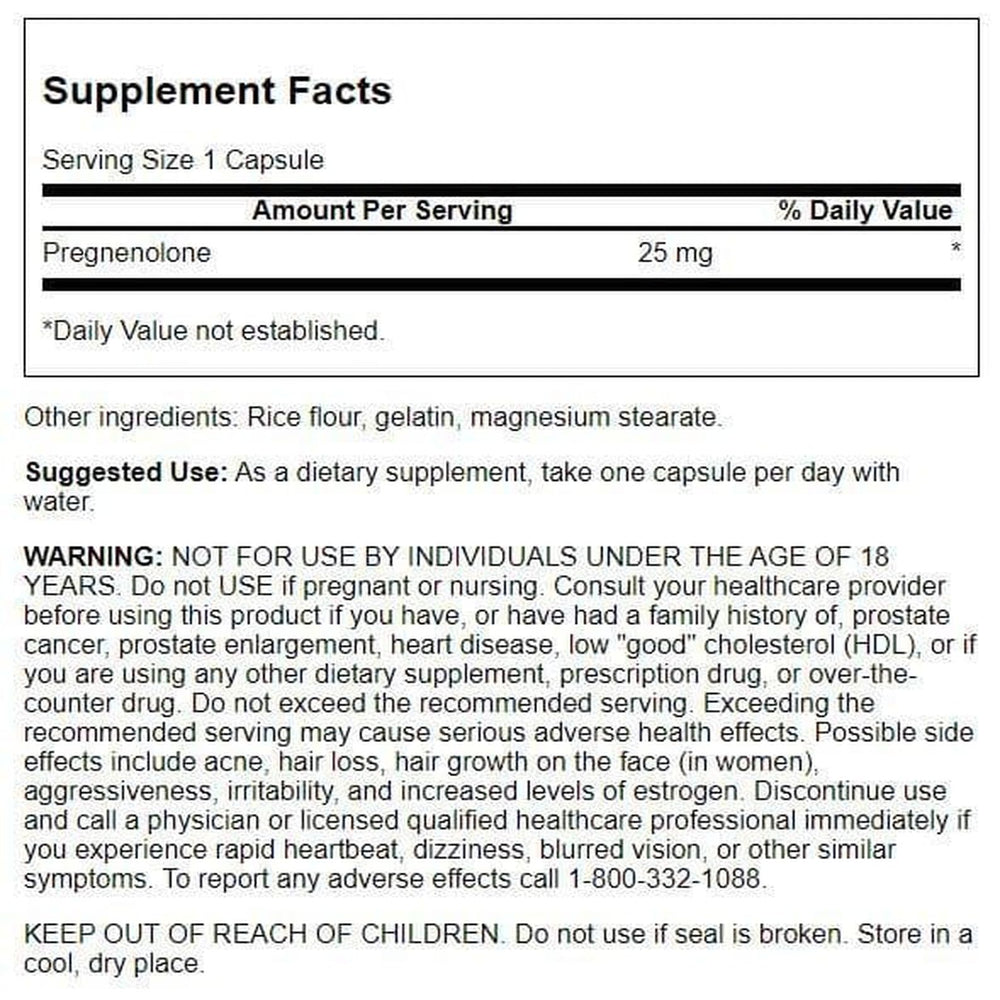 Swanson Pregnenolone capsules close-up highlighting 25 mg per capsule.