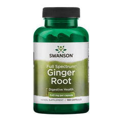 Swanson Premium Brand Ginger Root 540 mg bottle on a table, supporting digestion