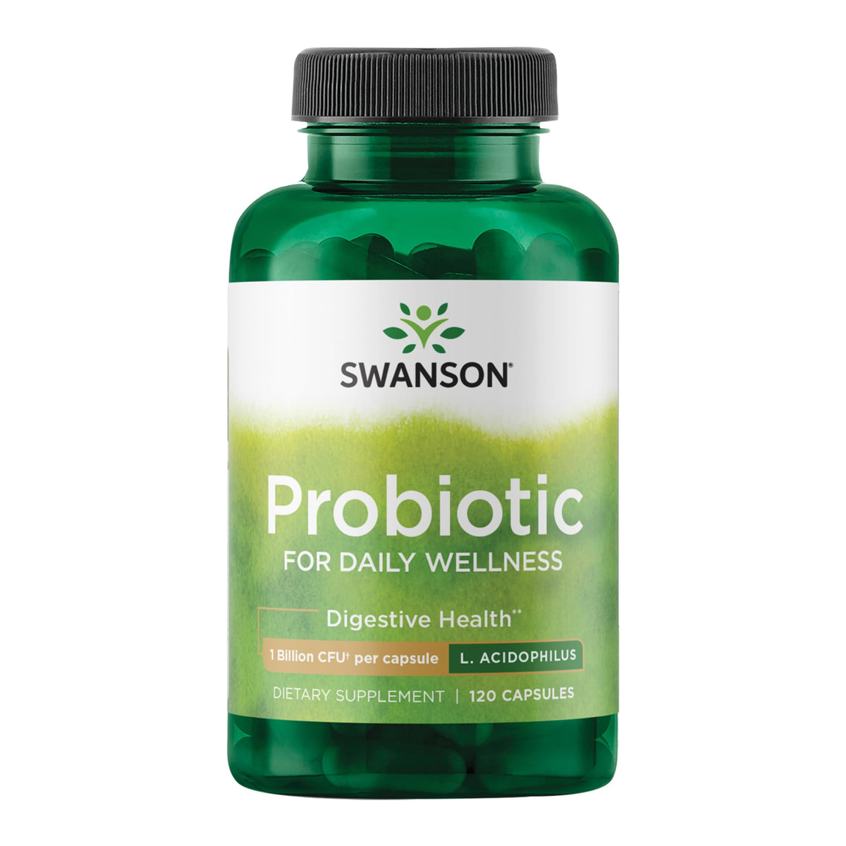 Swanson Probiotic bottle front for daily gut support.