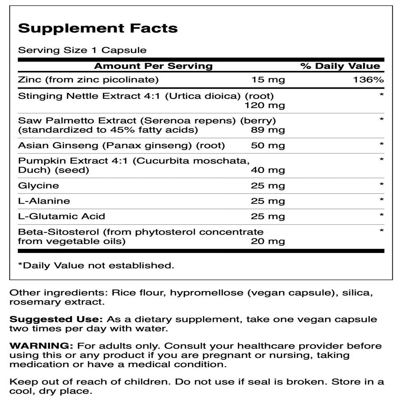 Swanson Prostate Essentials capsules close-up showing zinc and herbal blend