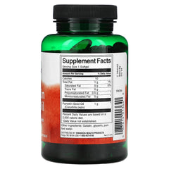 Swanson pumpkin seed oil bottle side view highlighting label and dosage convenience.