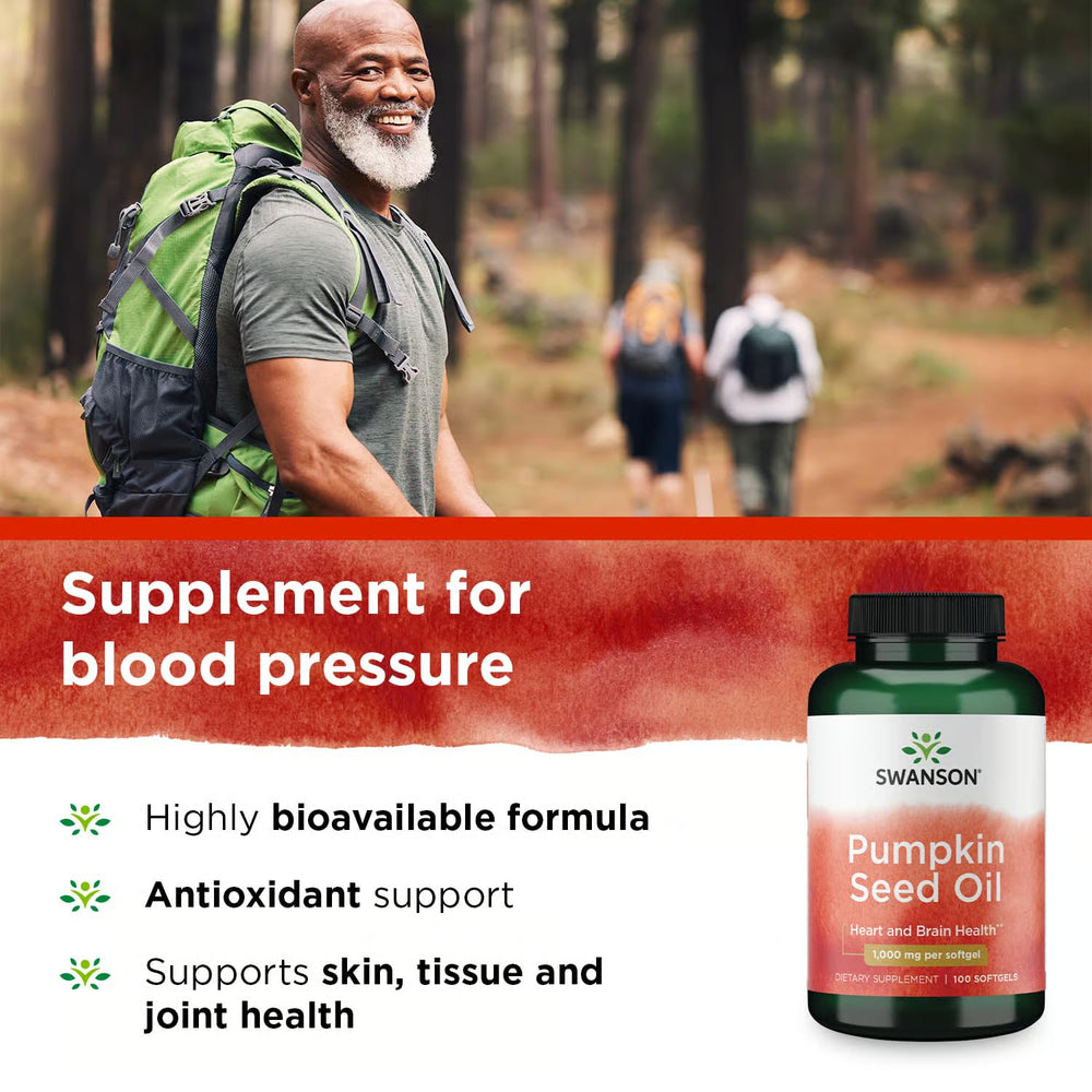 Swanson pumpkin seed oil softgels closeup illustrating easy-to-swallow capsules.