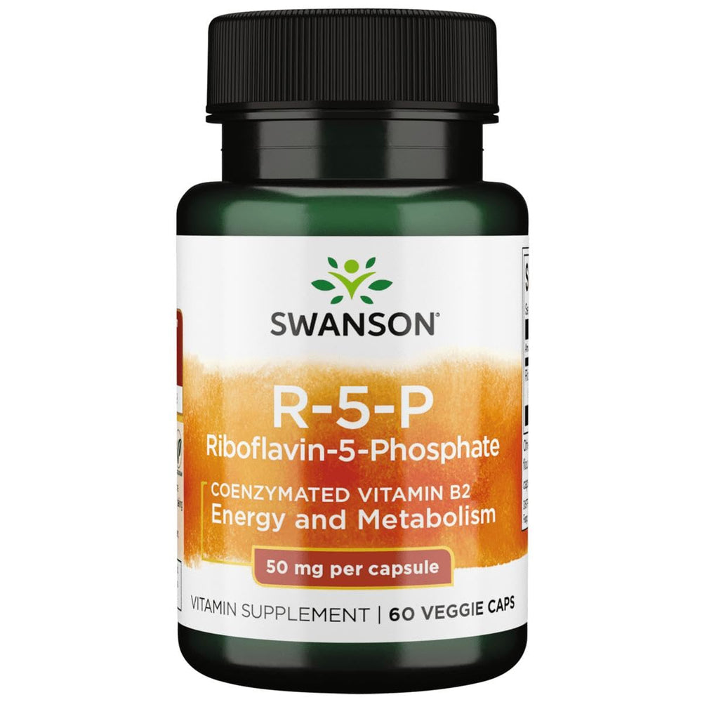 Swanson R-5-P bottle front label shows vitamin B2 content for energy support.