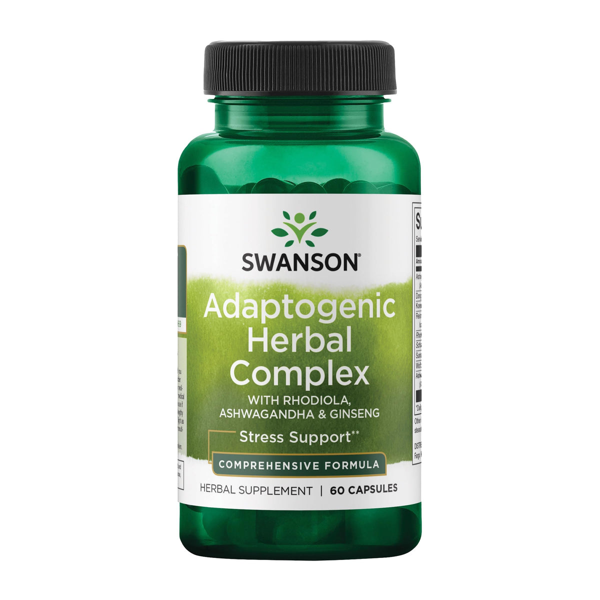 Swanson Rhodiola Ashwagandha Ginseng Complex bottle label showing energy and stress support