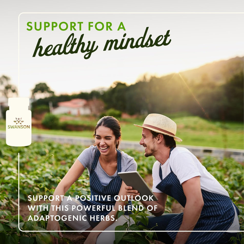 Swanson adaptogen capsule bottle close-up highlighting balanced mood and focus potential