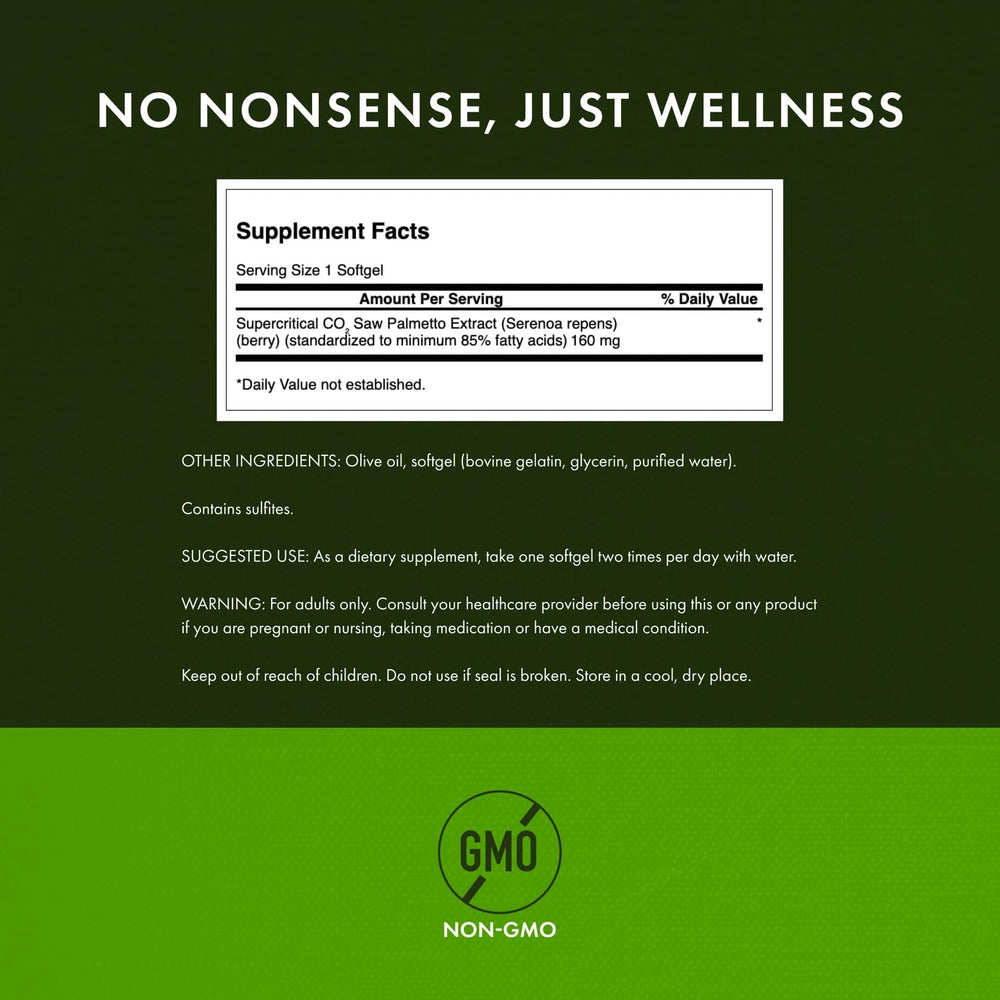 Swanson Saw Palmetto 160 mg capsules pack for convenient daily hormonal balance support.