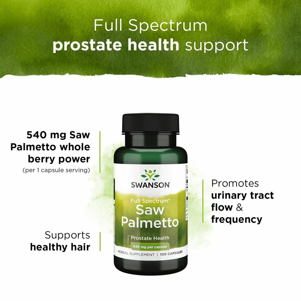 Swanson Saw Palmetto box label communicates GMP standards and dosage guidance.