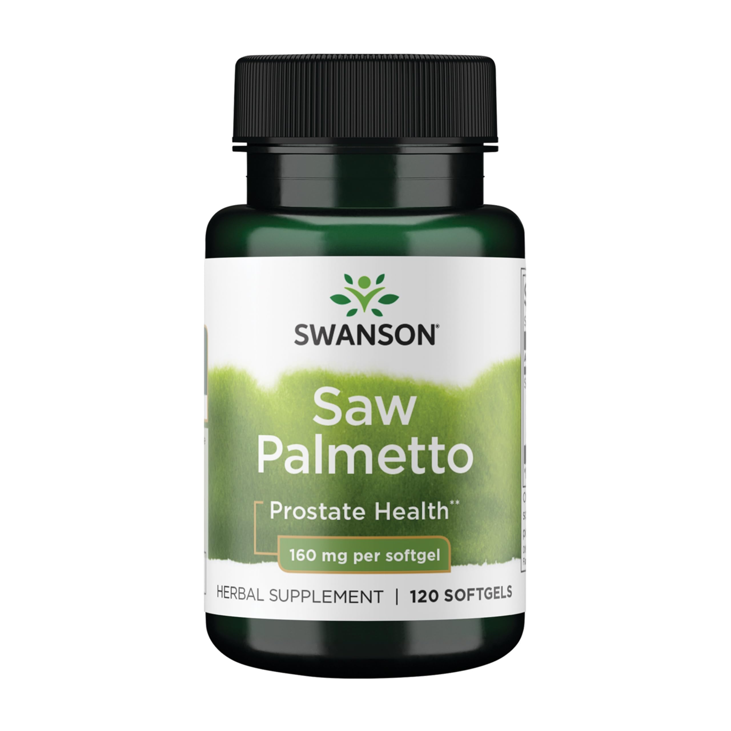 Swanson Saw Palmetto Men Prostate Health bottle showing 160 mg capsules for daily urinary support.