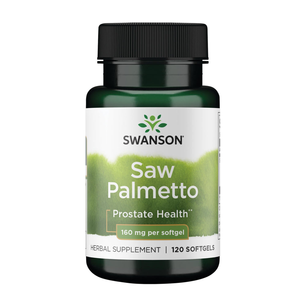 Swanson Saw Palmetto Men Prostate Health bottle showing 160 mg capsules for daily urinary support.