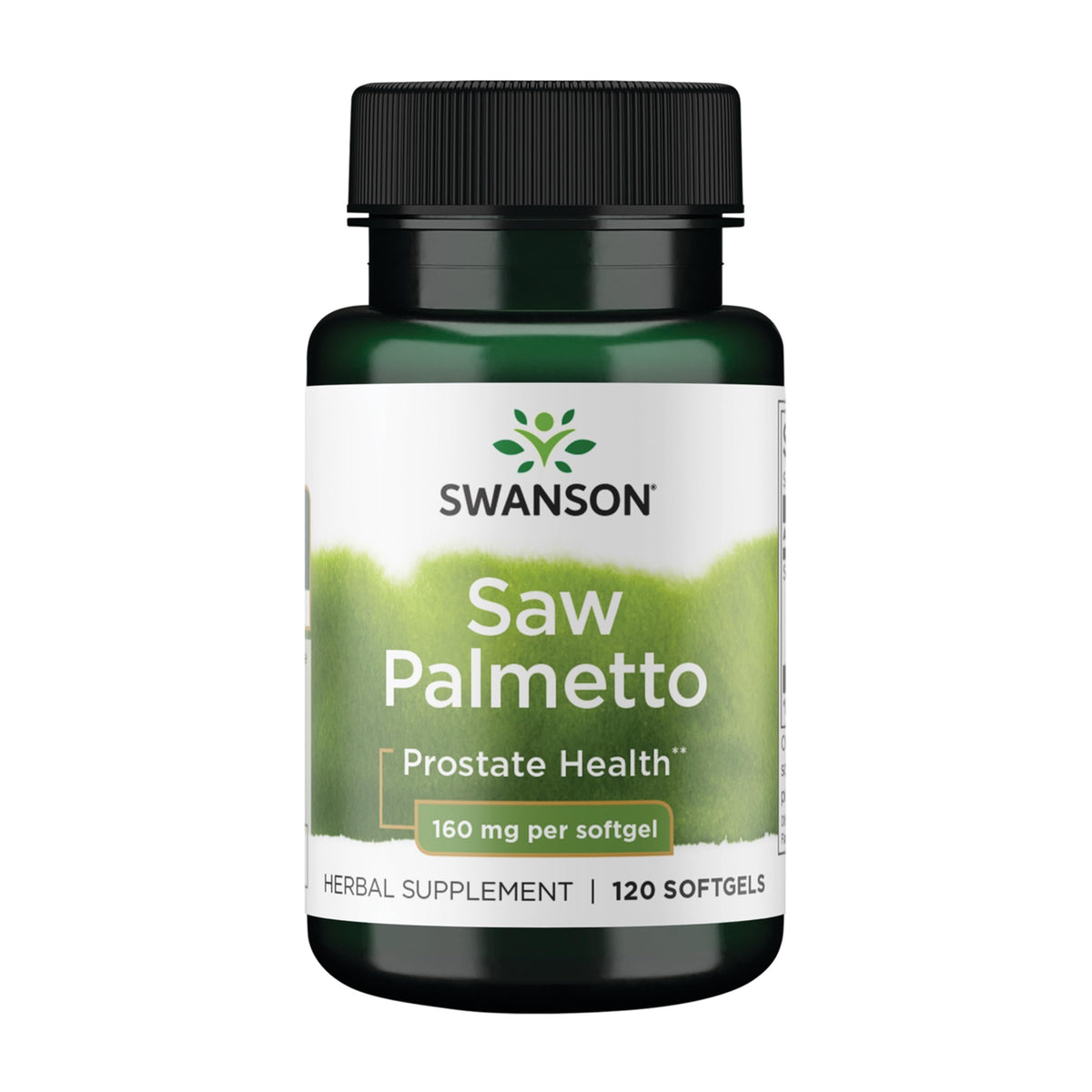 Swanson Saw Palmetto Men Prostate Health bottle showing 160 mg capsules for daily urinary support.