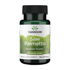Swanson Saw Palmetto Men Prostate Health bottle showing 160 mg capsules for daily urinary support.