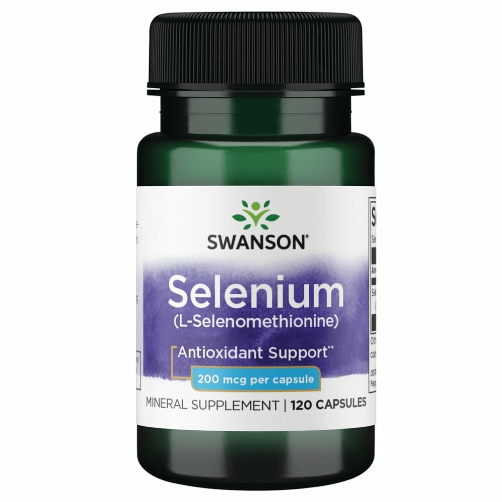 Swanson Semsc Selenium 200 mcg bottle with capsules for daily antioxidant support.
