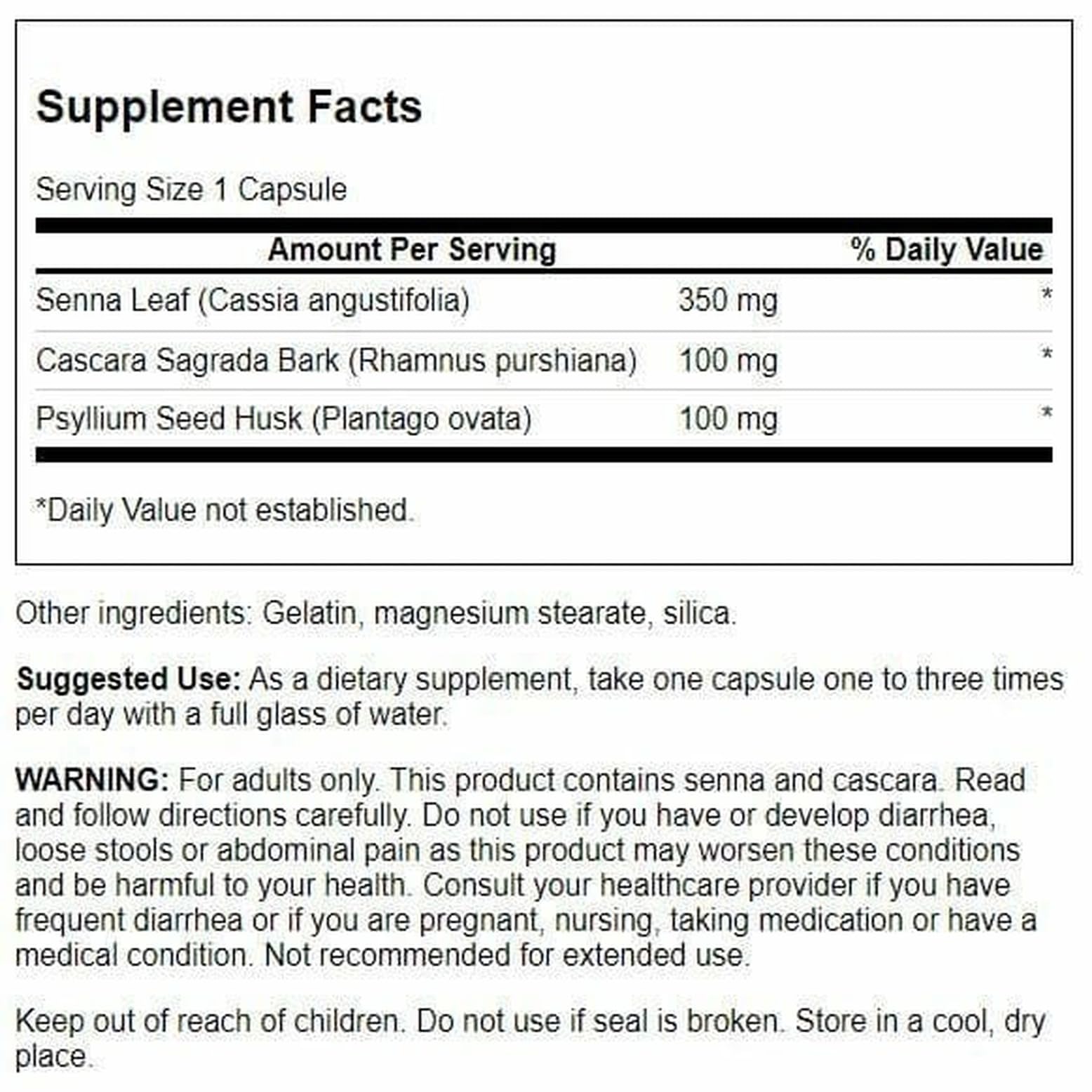 Swanson Senna Psyllium Cascara Complex label showing ingredients and benefits