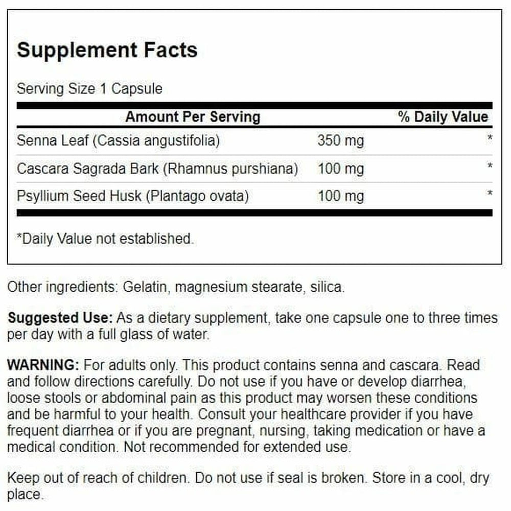 Swanson Senna Psyllium Cascara Complex label showing ingredients and benefits