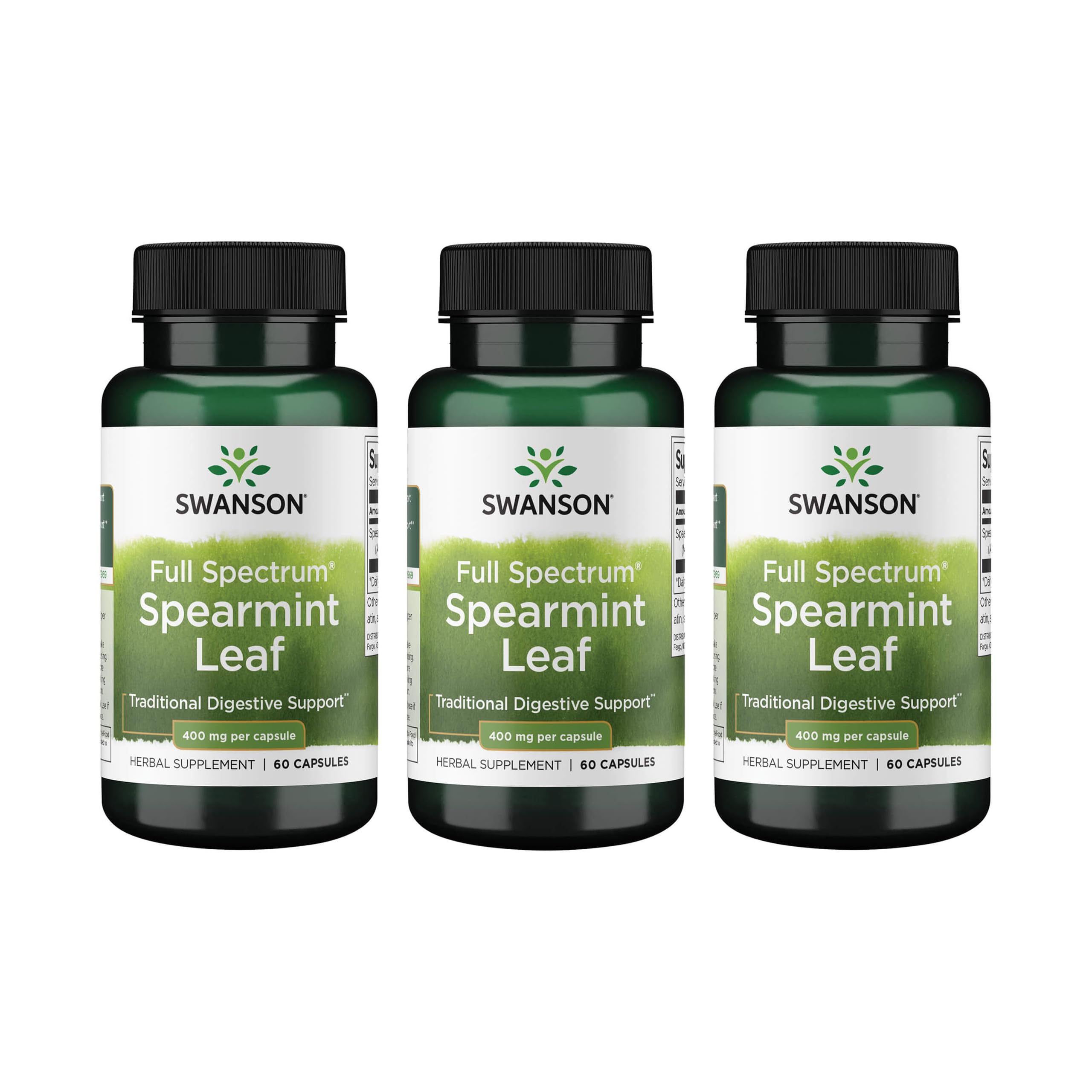Swanson Spearmint Leaf bottle with label promoting digestive support