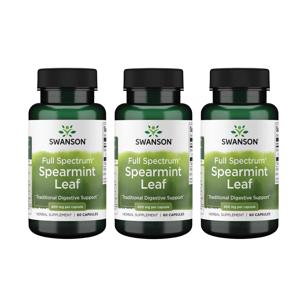 Swanson Spearmint Leaf bottle with label promoting digestive support