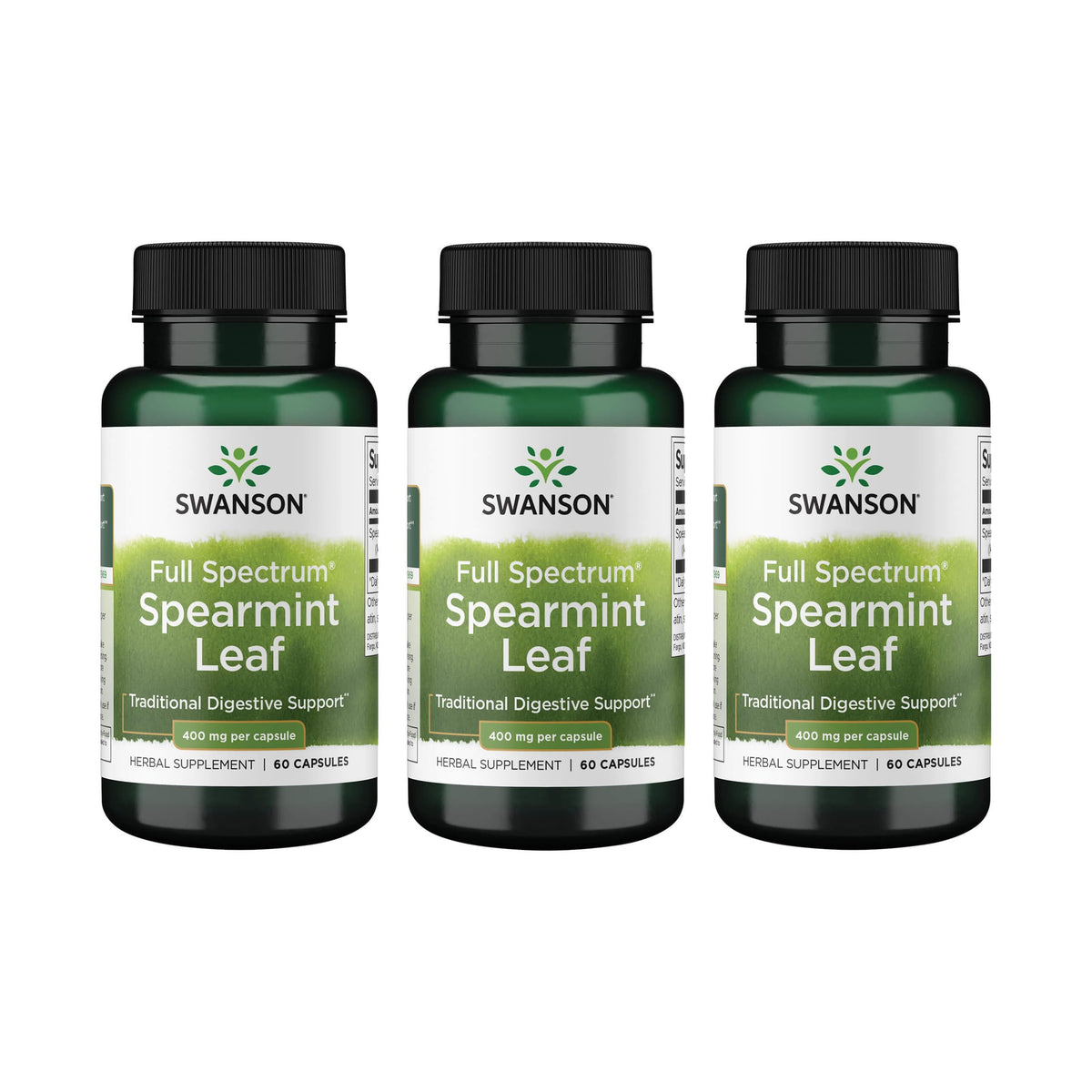 Swanson Spearmint Leaf bottle with label promoting digestive support