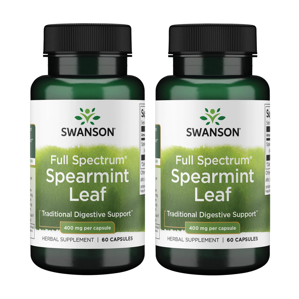 Swanson Spearmint Leaf bottle shows natural digestive support for daily use.