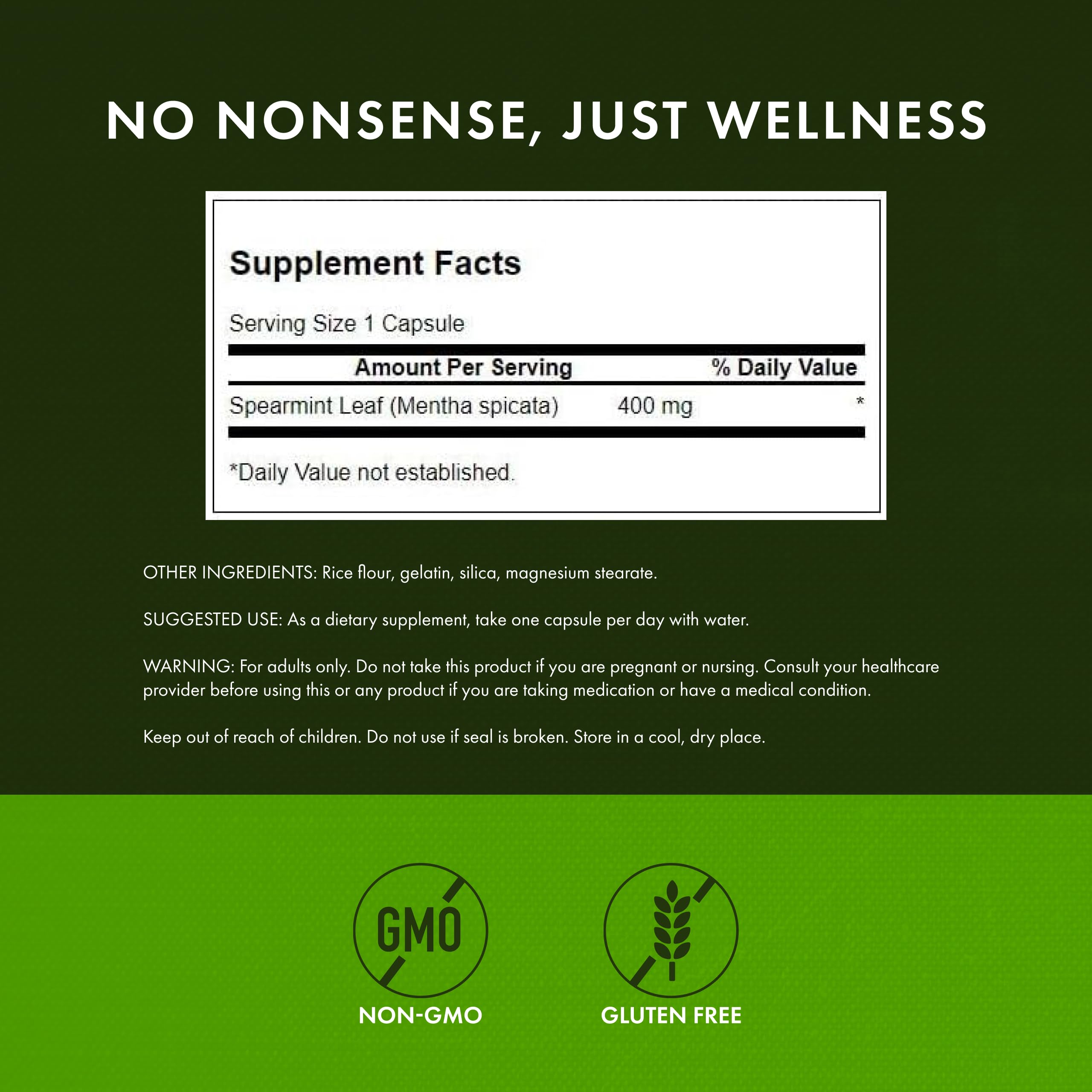 Swanson Spearmint Leaf label highlights non-GMO and gluten-free ingredients